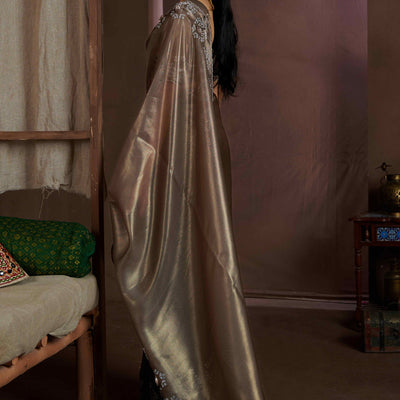 Dark Beige Floral Sequins With Zarkan Work Organza Saree
