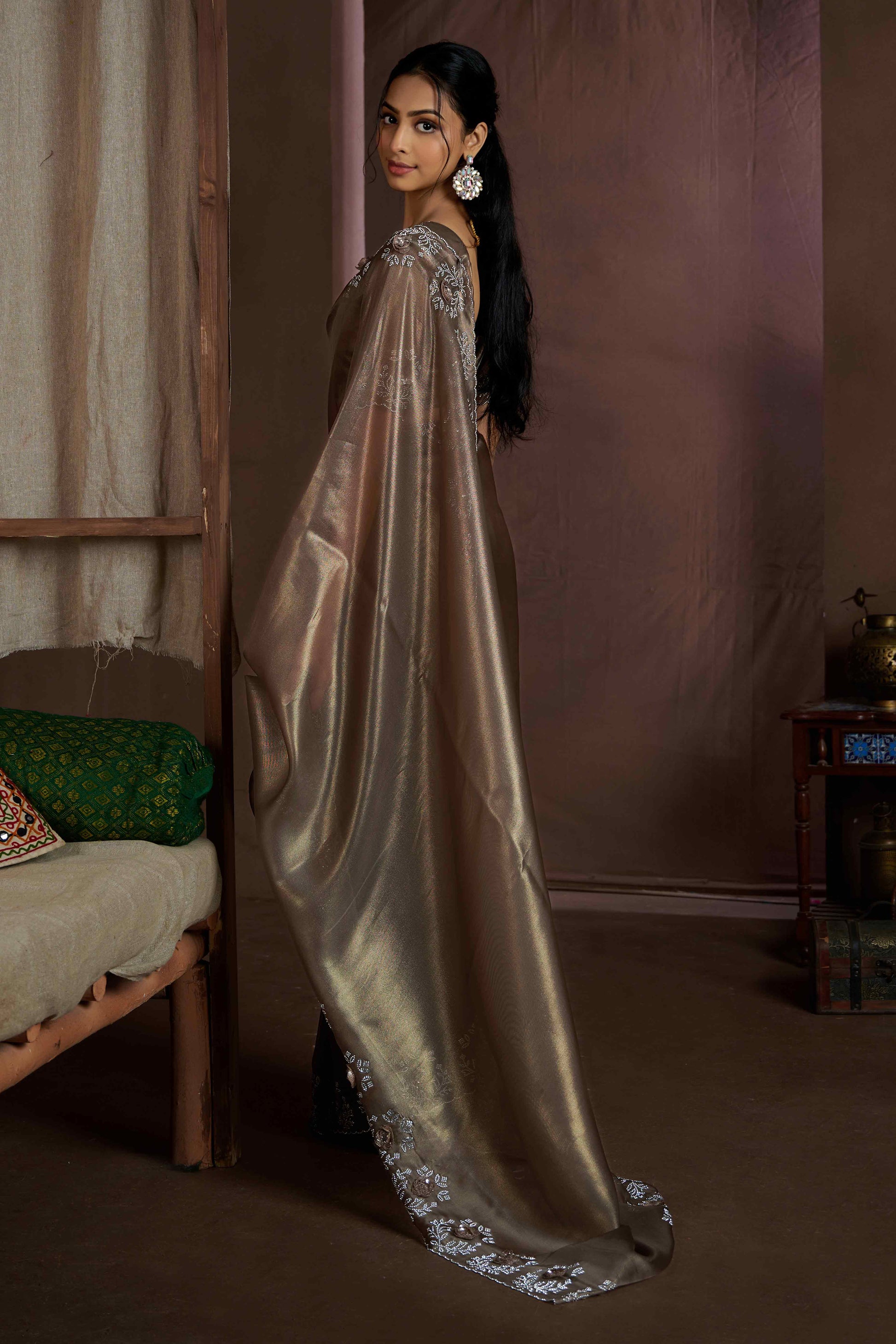 Dark Beige Floral Sequins With Zarkan Work Organza Saree