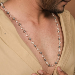 SPHATIK DIAMOND CUT BEADS WITH OM SILVER BEADS MALA