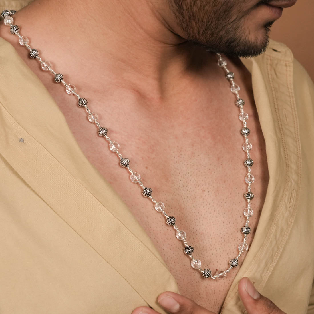 SPHATIK DIAMOND CUT BEADS WITH OM SILVER BEADS MALA
