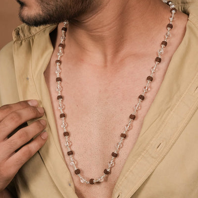 RUDRAKSHA WITH SPHATIK DIAMOND CUT BEADS SILVER MALA