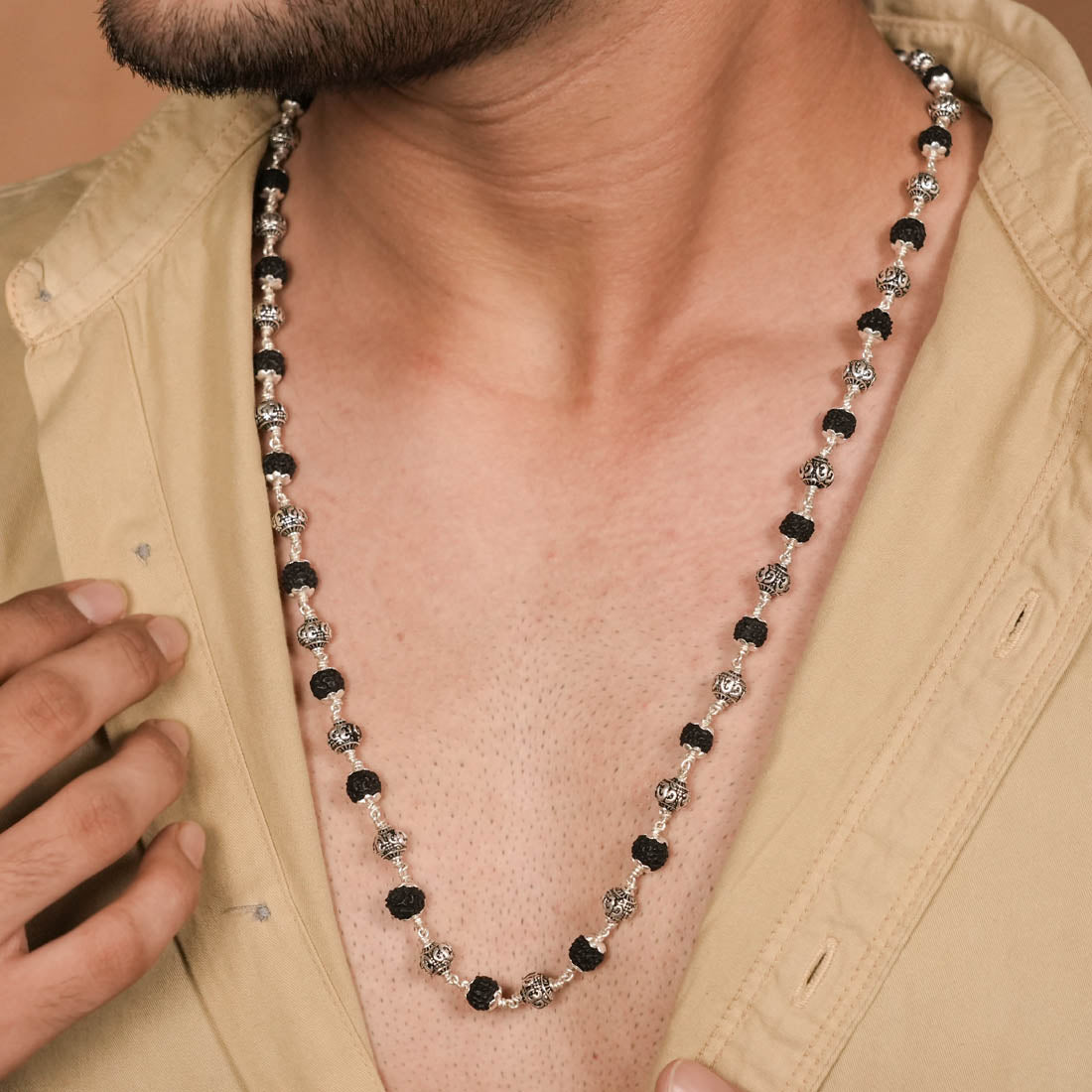BLACK RUDRAKSHA WITH OM SILVER BEADS MALA