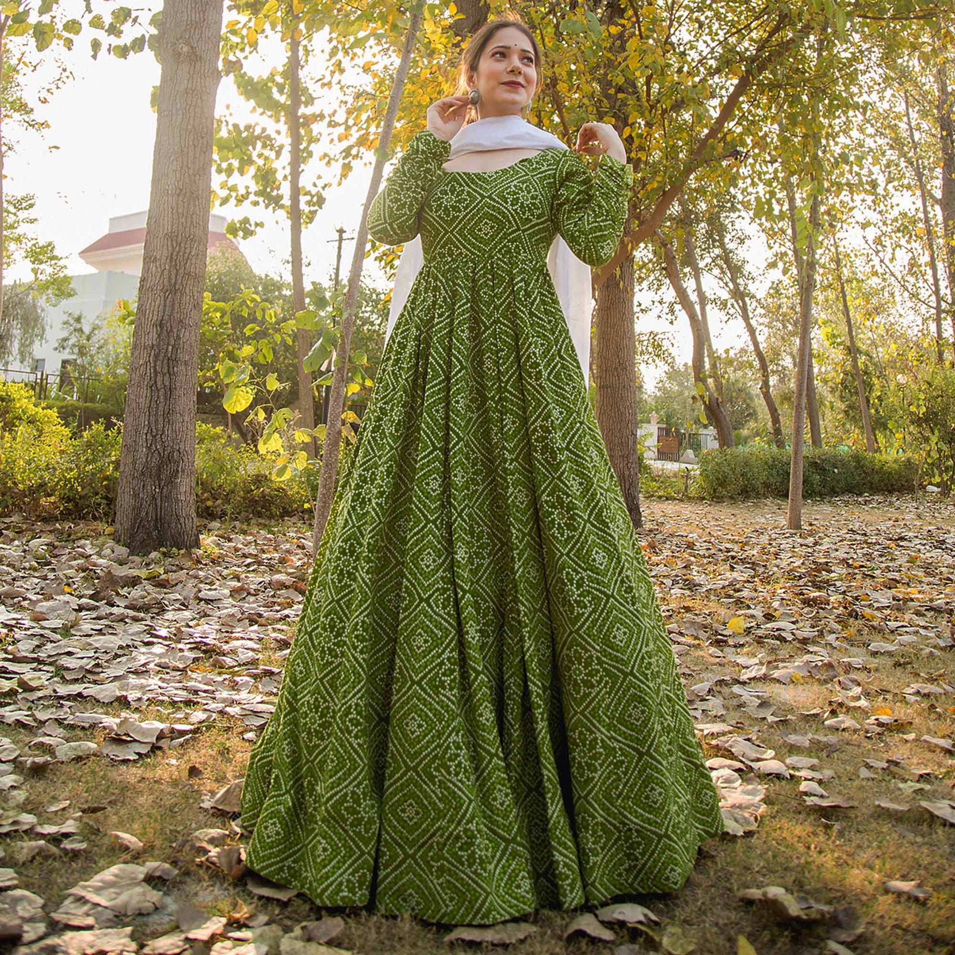 green-bandhani-printed-rayon-gown-with-dupatta