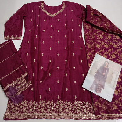 Dark Magenta Floral Sequins Embroidered Chinon Palazzo Suit