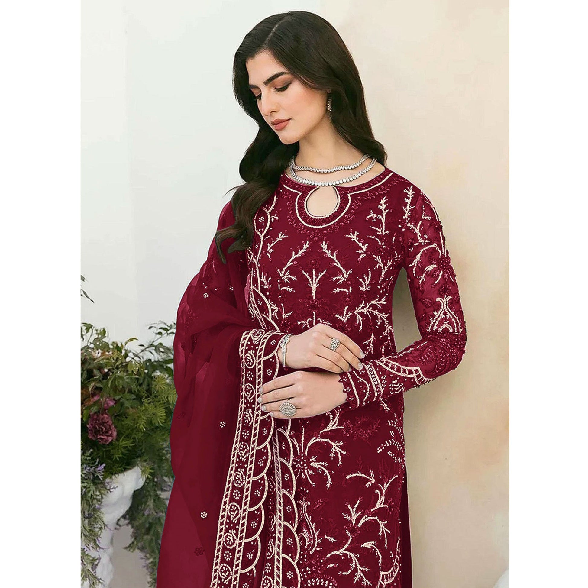 Maroon Sequins Embroidered Georgette Pakistani Suit