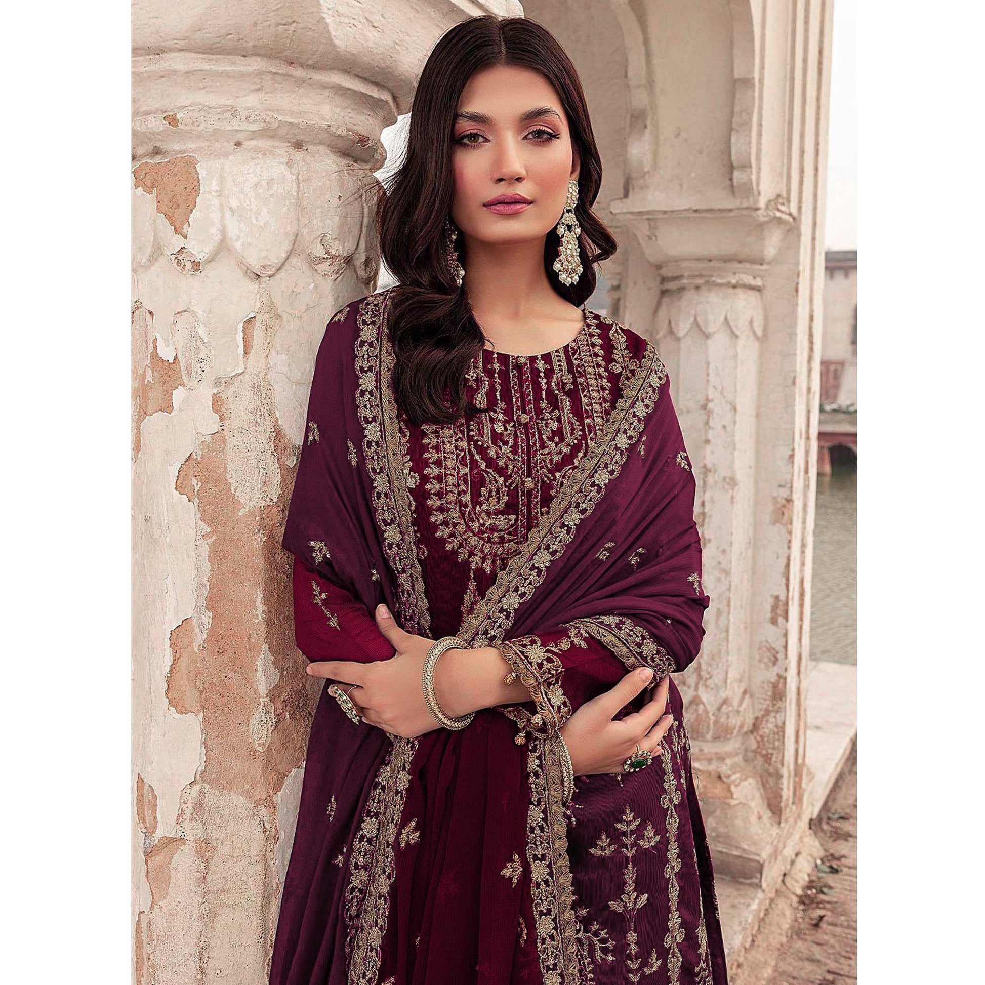 Maroon Floral Sequins Embroidered Georgette Semi Stitched Suit