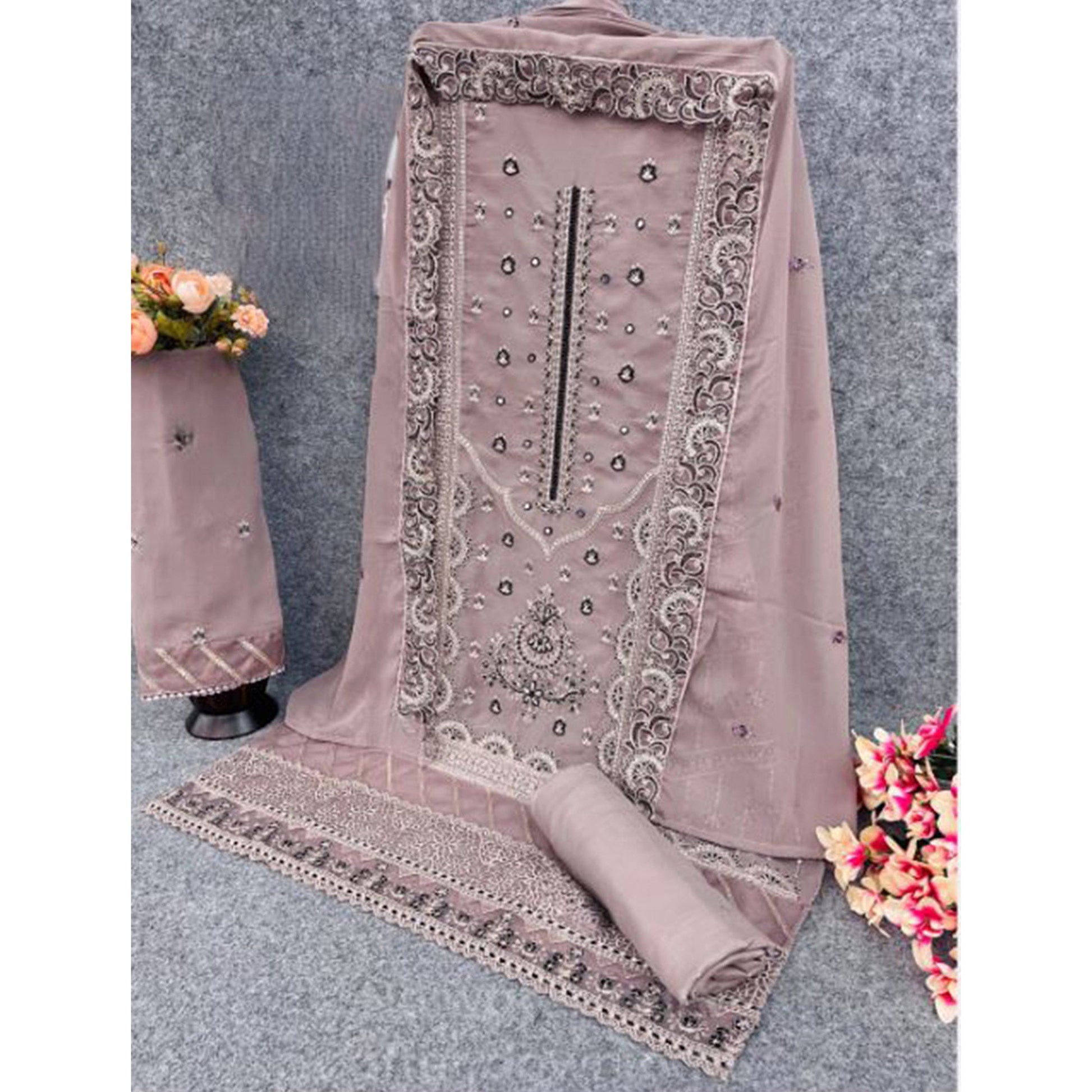 Dusty Mauve Heavy Embroidered Work Georgette Dress Material