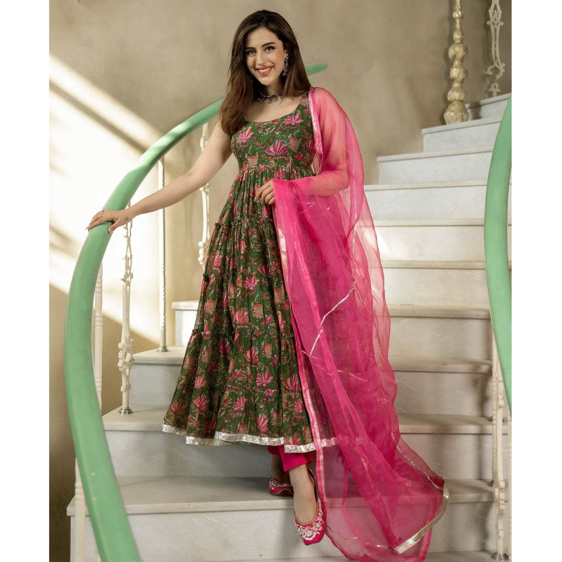 green-floral-digital-printed-chanderi-anarkali-style-suit