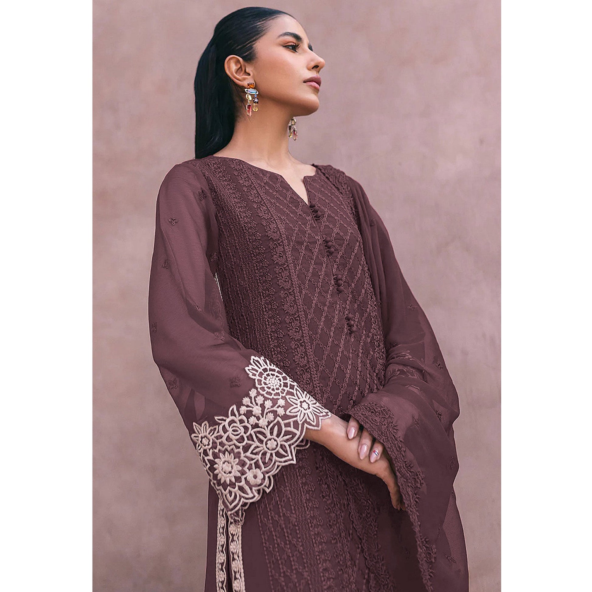 Brown Sequins Embroidered Georgette Dress Material