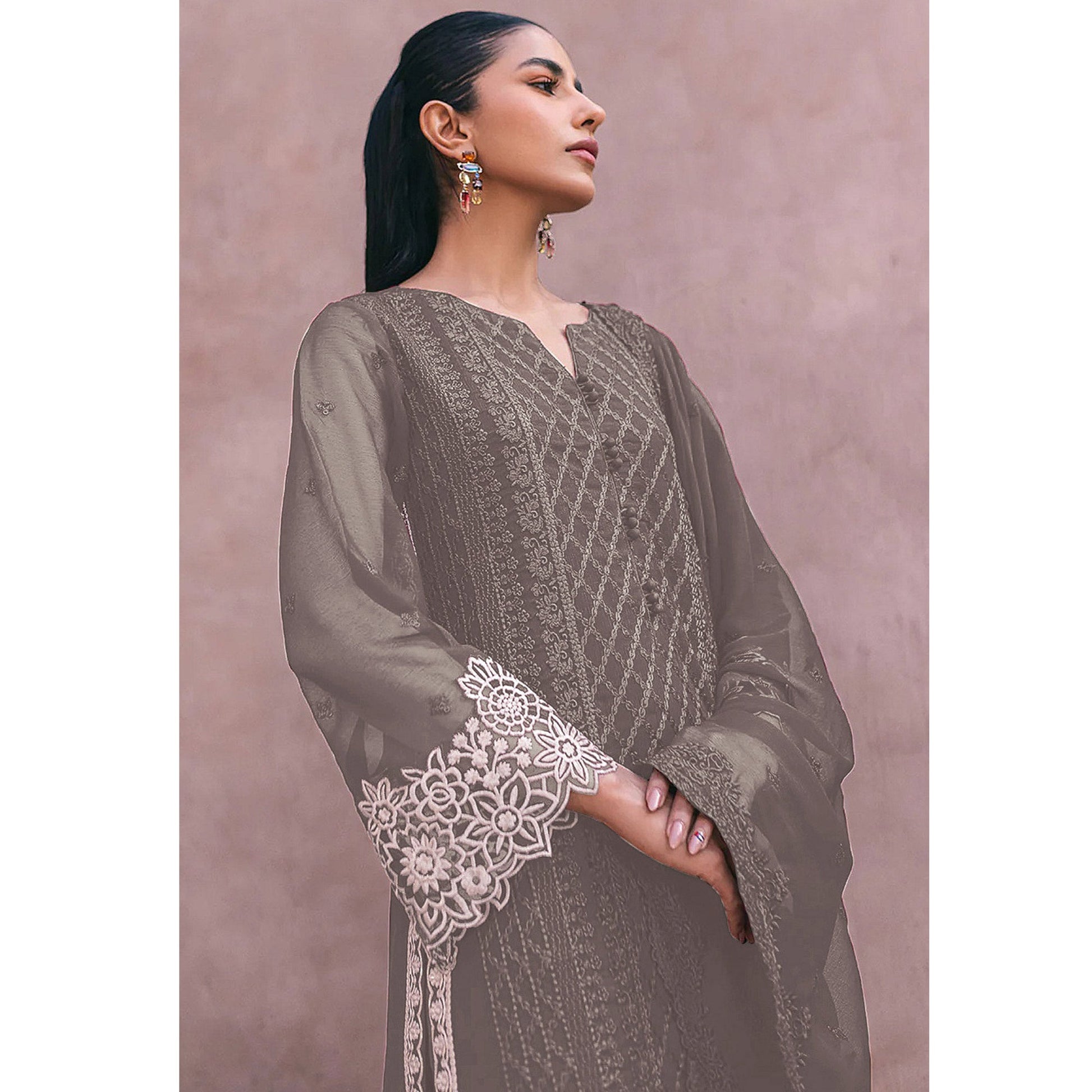 Dusty Grey Sequins Embroidered Georgette Dress Material