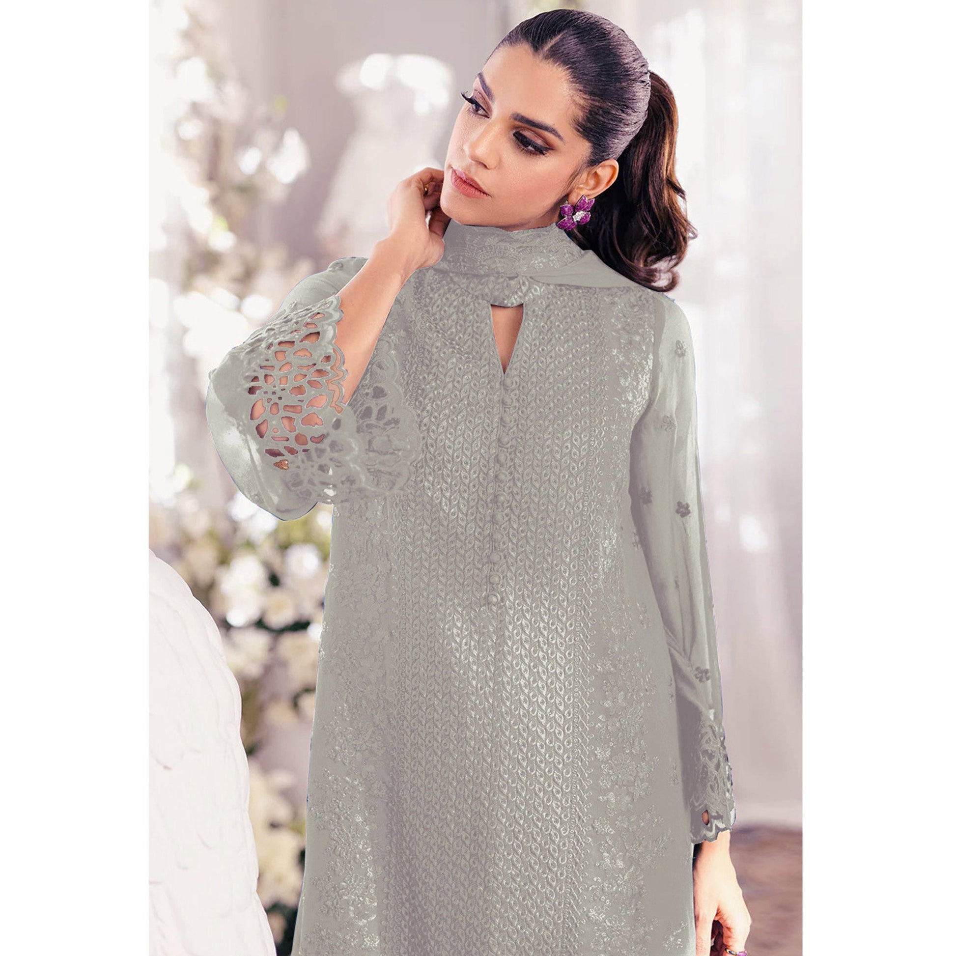Dusty Pista Green Sequins Embroidered Georgette Dress Material