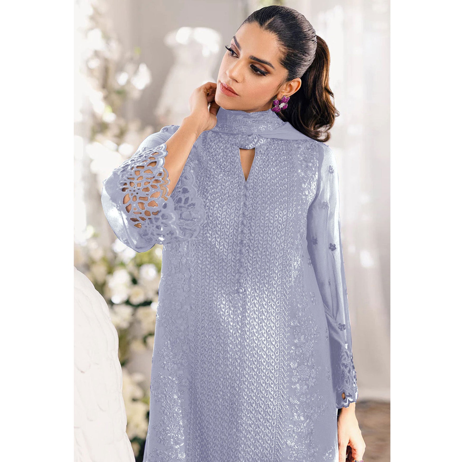 Dusty Lavender Sequins Embroidered Georgette Dress Material
