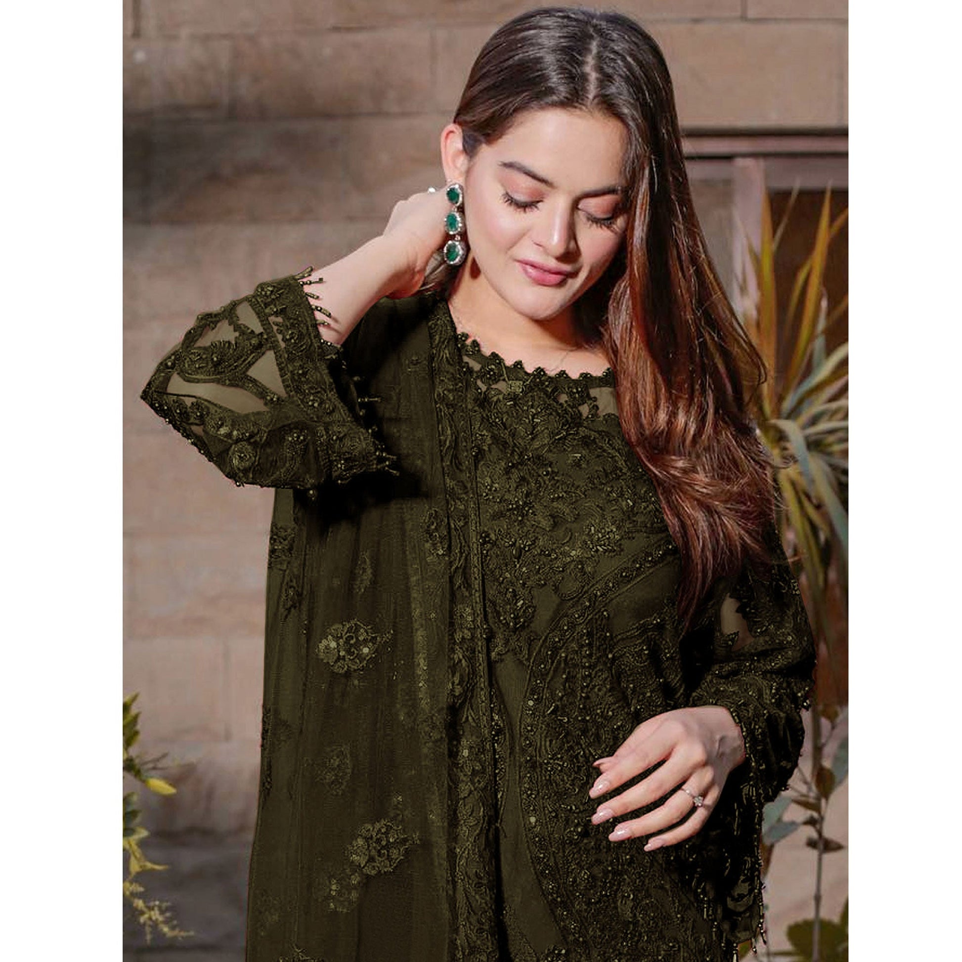 Mehandi Green Embroidered Georgette Semi Stitched Pakistani Suit