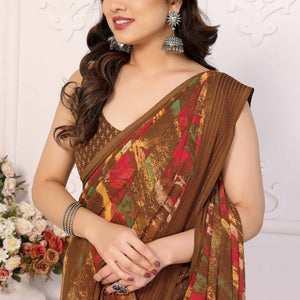 Brown Printed Georgette Saree Saree With Tassels