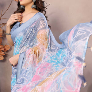 Grey Printed Georgette Saree Saree With Tassels