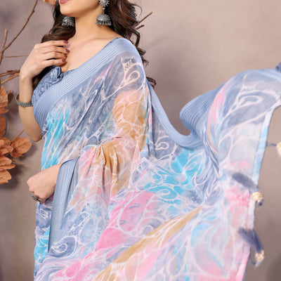 Grey Printed Georgette Saree Saree With Tassels