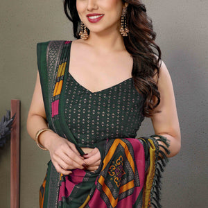 Dark Green Striped Foil Printed Moss Satin Saree Saree With Tassels