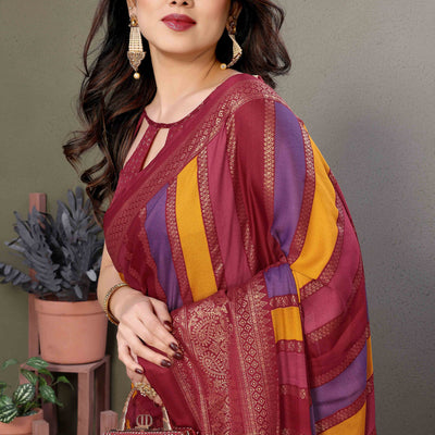 Maroon Striped Foil Printed Moss Satin Saree Saree With Tassels