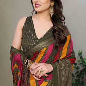 Mehendi Green Striped Foil Printed Moss Satin Saree Saree With Tassels