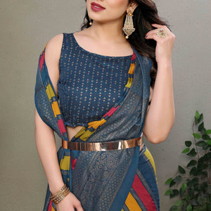 Morpich Striped Foil Printed Moss Satin Saree Saree With Tassels