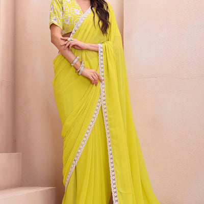 Lemon Yellow Solid Georgette Saree With Embroidered Border