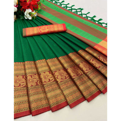 Bottle Green Floral Woven Cotton Silk Saree With Tassels