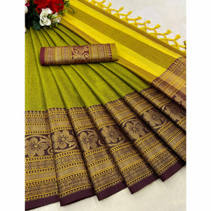 Lemon Green Floral Woven Cotton Silk Saree With Tassels