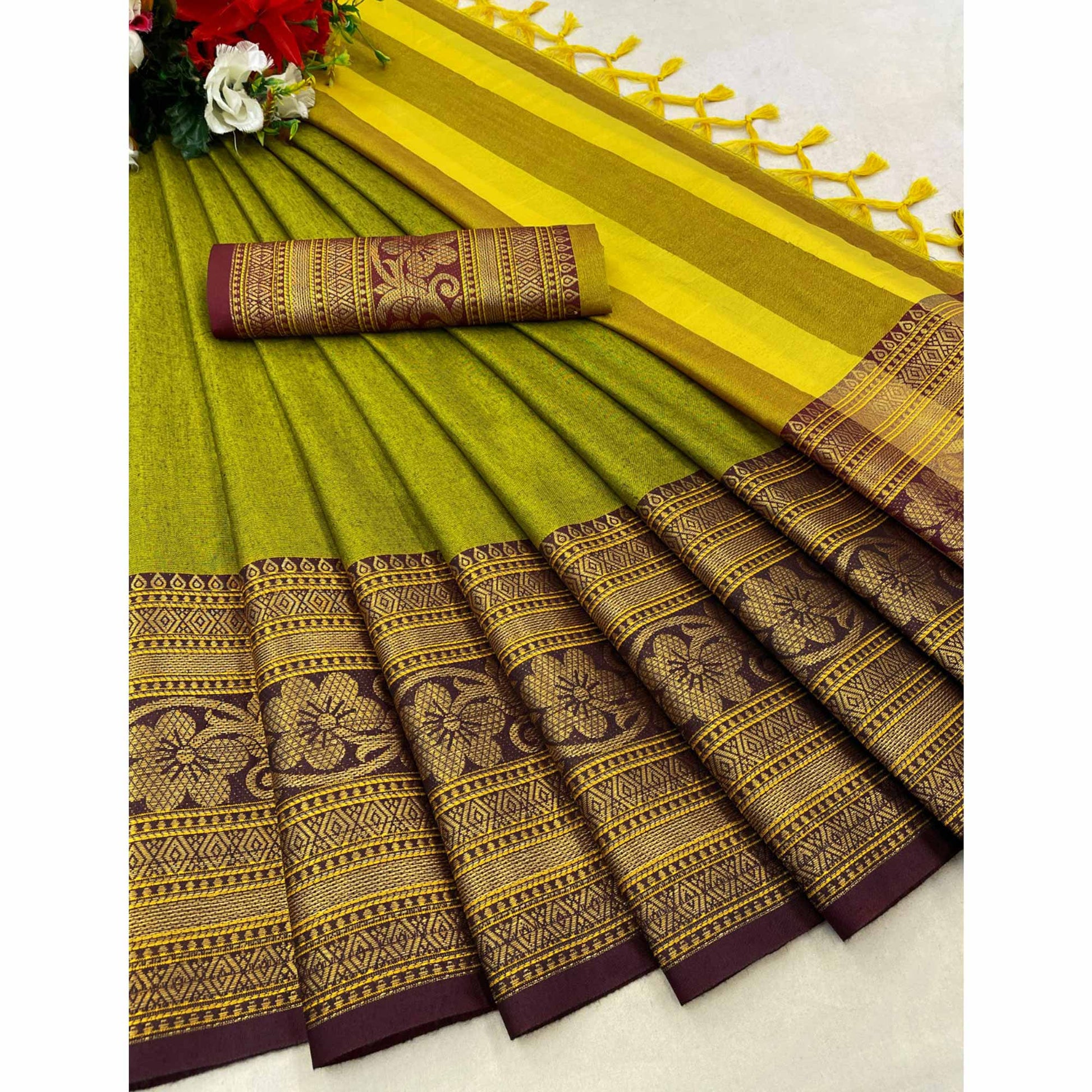 Lemon Green Floral Woven Cotton Silk Saree With Tassels