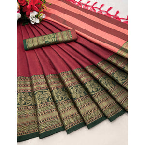 Maroon Floral Woven Cotton Silk Saree With Tassels
