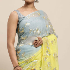 Lemon Yellow & Grey Floral Gota Patti Work Organza Silk Half & Half Saree