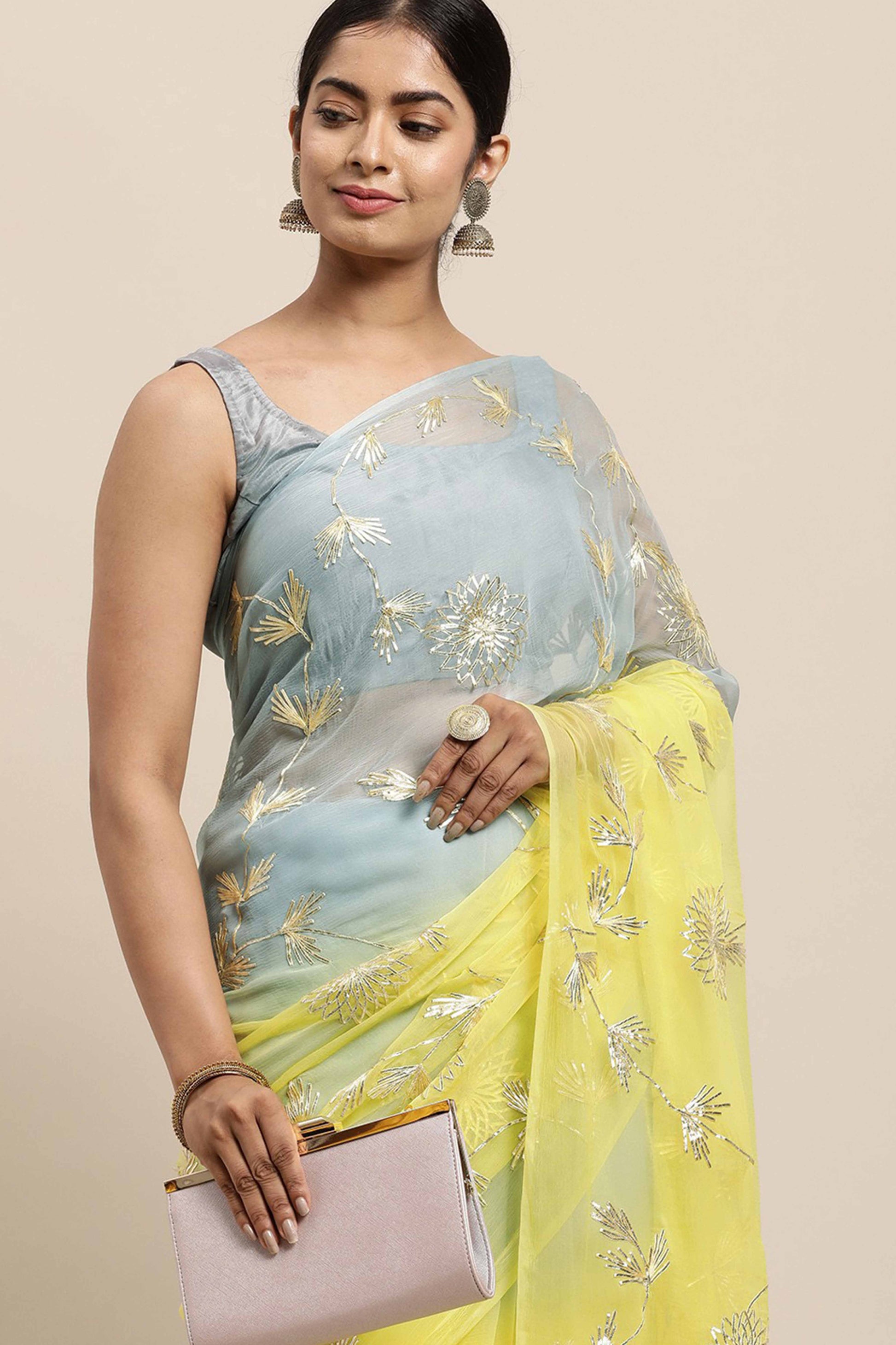 Lemon Yellow & Grey Floral Gota Patti Work Organza Silk Half & Half Saree
