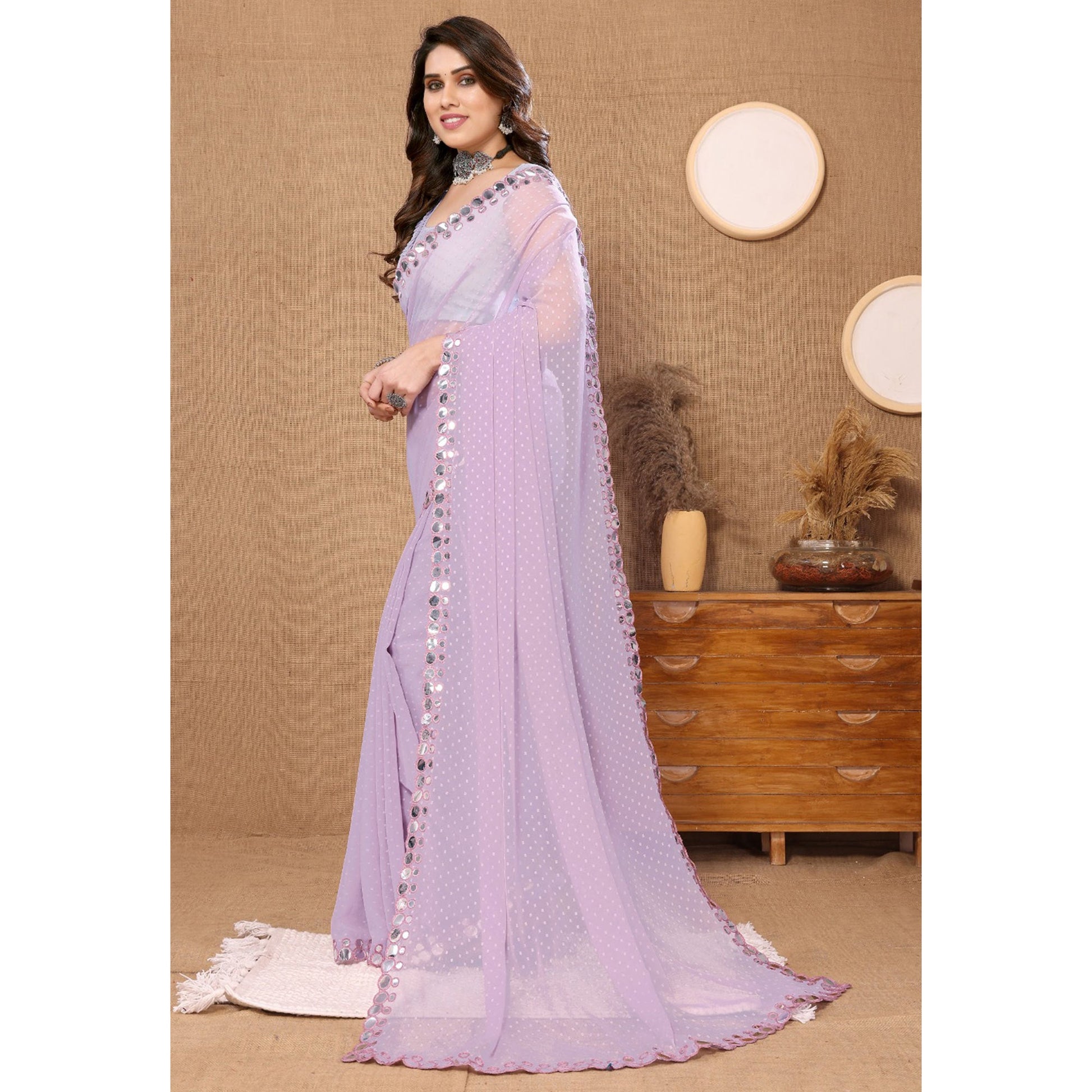 Light Lavender Embroidered Butti Work Georgette Saree