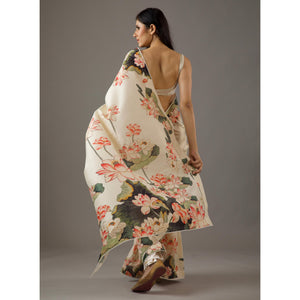Cream Floral Printed Moss Satin Saree