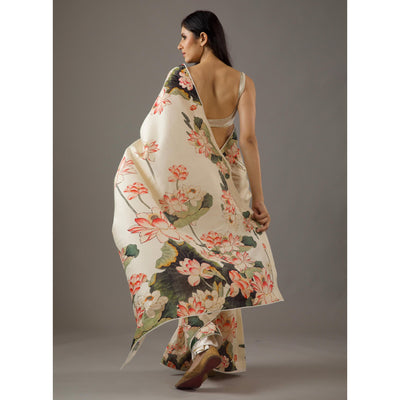 Cream Floral Printed Moss Satin Saree