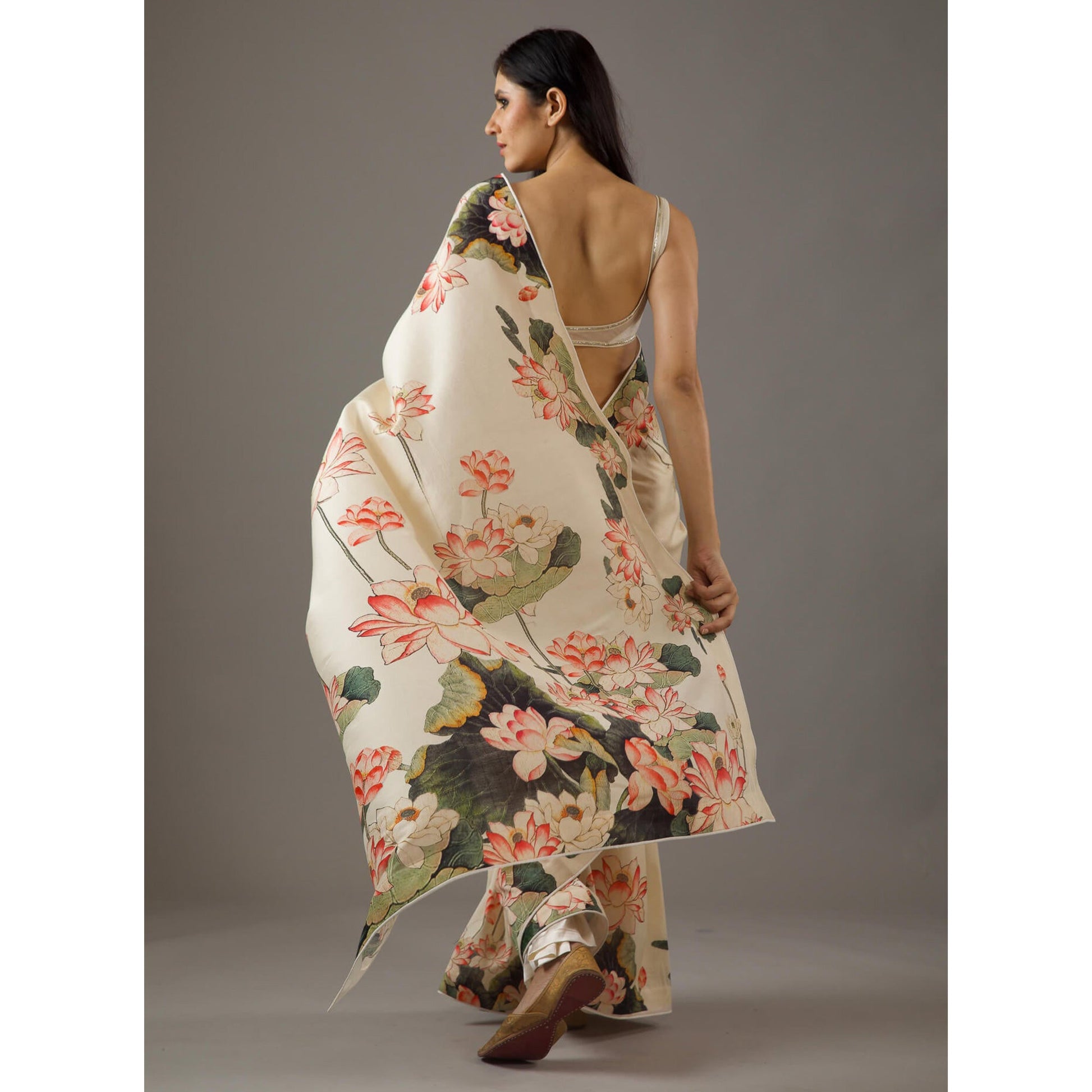 Cream Floral Printed Moss Satin Saree