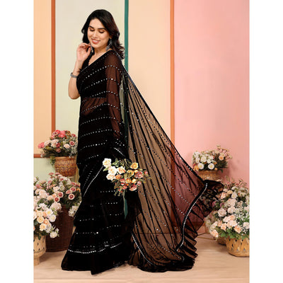 Black Mirror Work Embroidered Georgette Saree With Ruffle Border
