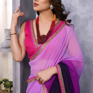 Lavender & Dark Purple Ombre Georgette Saree With Tassels