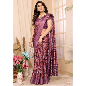 Dark Mauve Floral Printed Khadi Saree