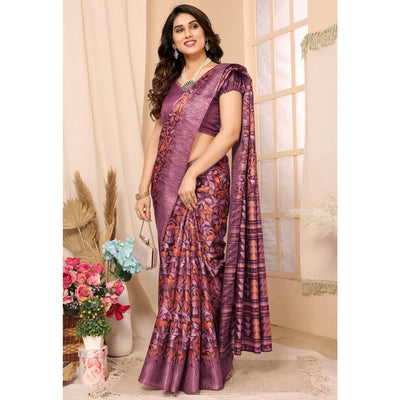 Dark Mauve Floral Printed Khadi Saree