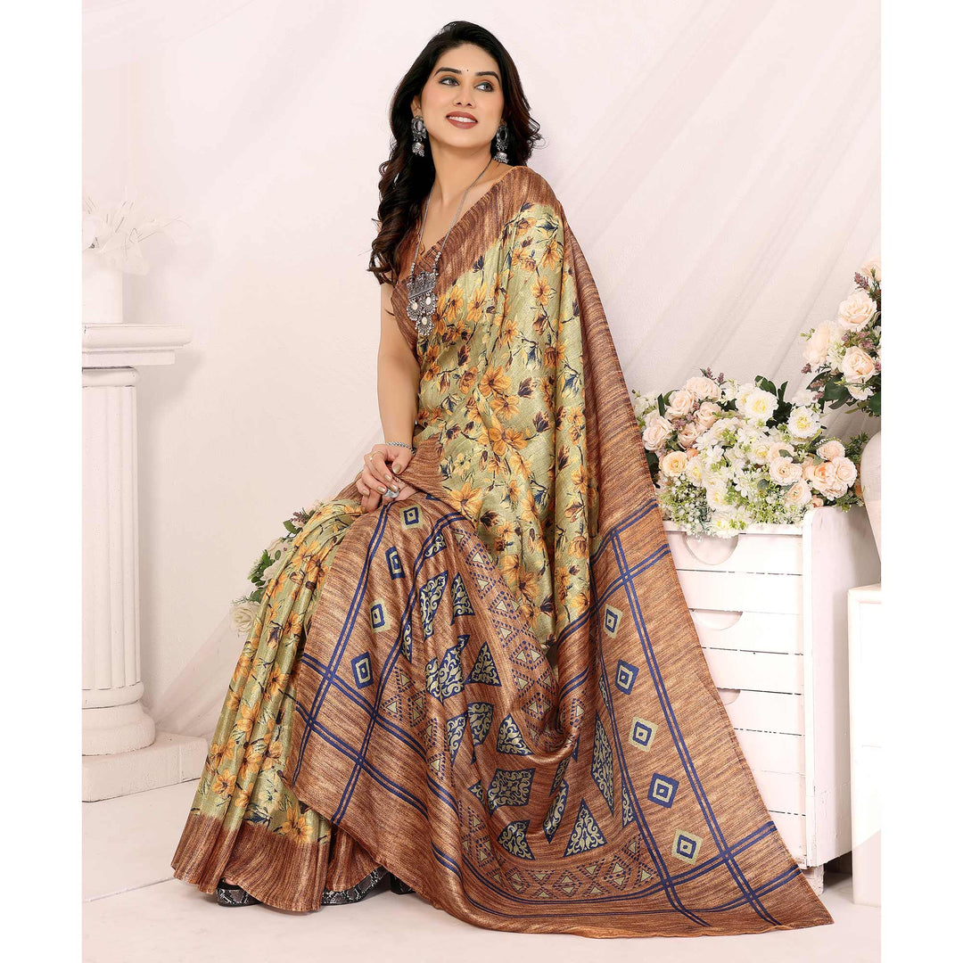 Beige Floral Printed Khadi Saree