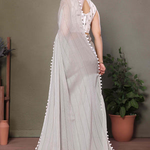 Grey Zari Woven Satin Saree With Pompom Border