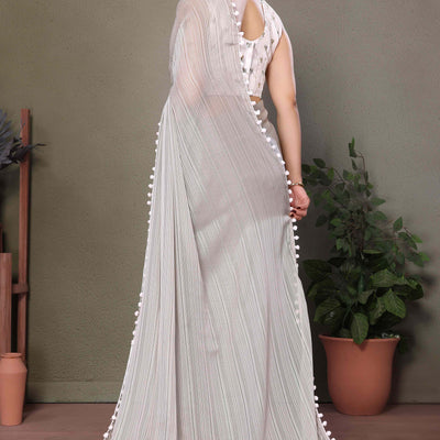 Grey Zari Woven Satin Saree With Pompom Border
