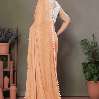 Light Orange Zari Woven Satin Saree With Pompom Border