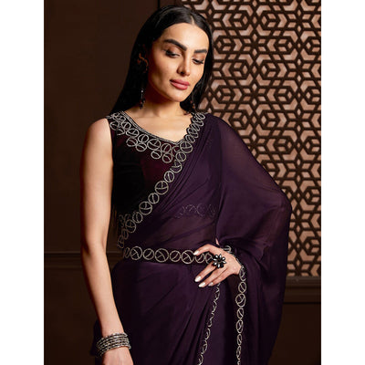 Dark Purple Stone Work Chiffon Saree