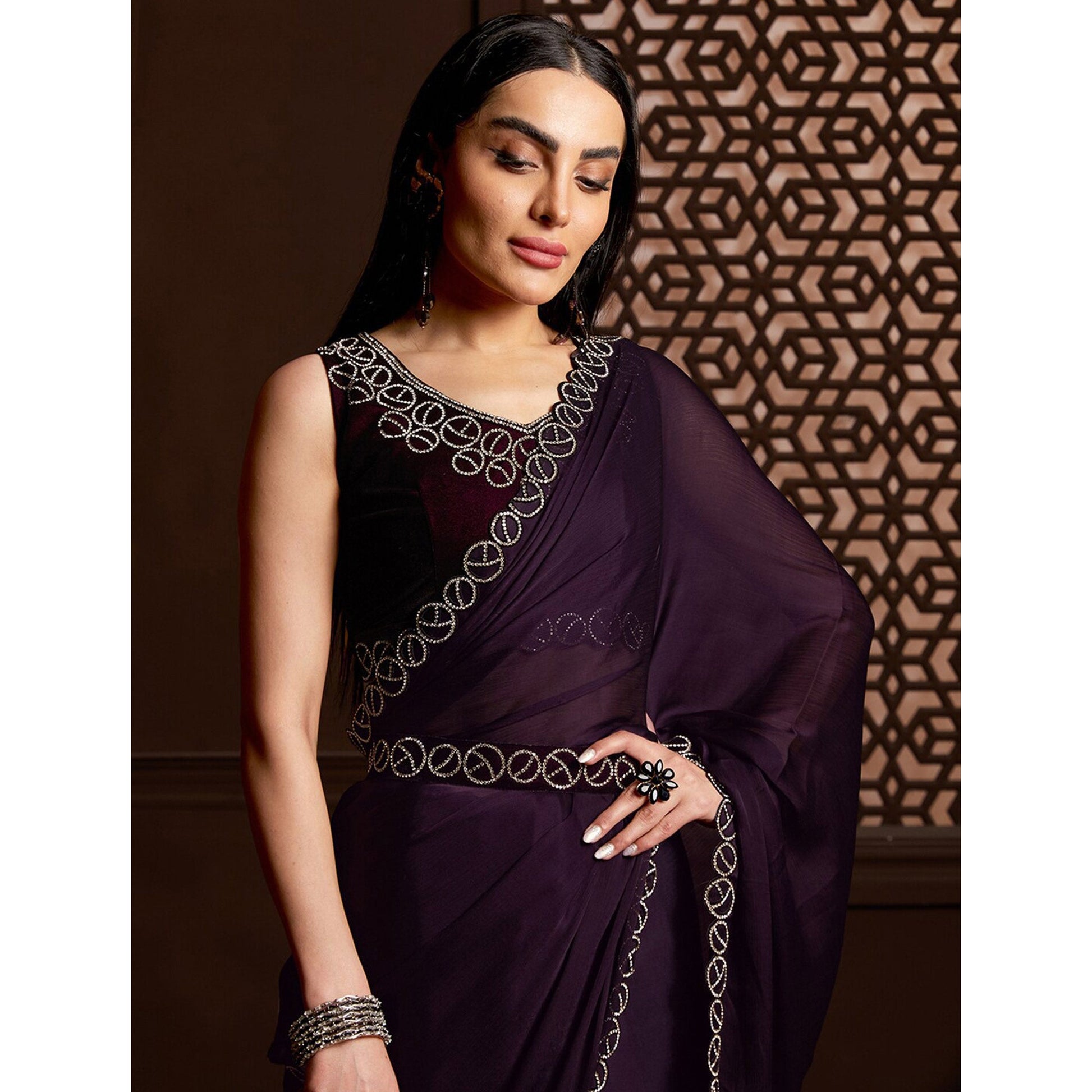 Dark Purple Stone Work Chiffon Saree