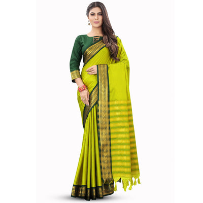 Lemon Green Solid Cotton Silk Saree With Jacquard Border