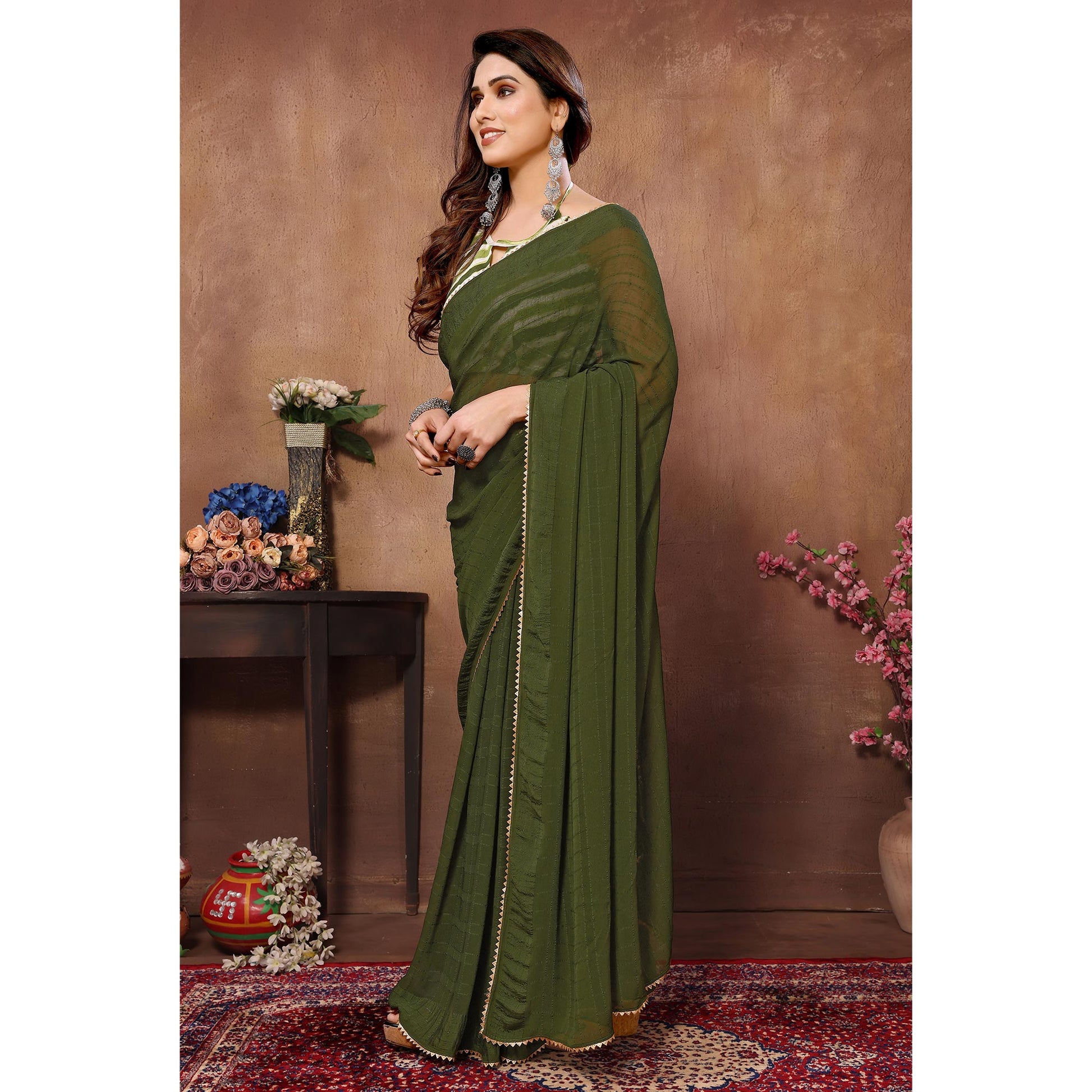 green-woven-checks-ready-to-wear-georgette-saree