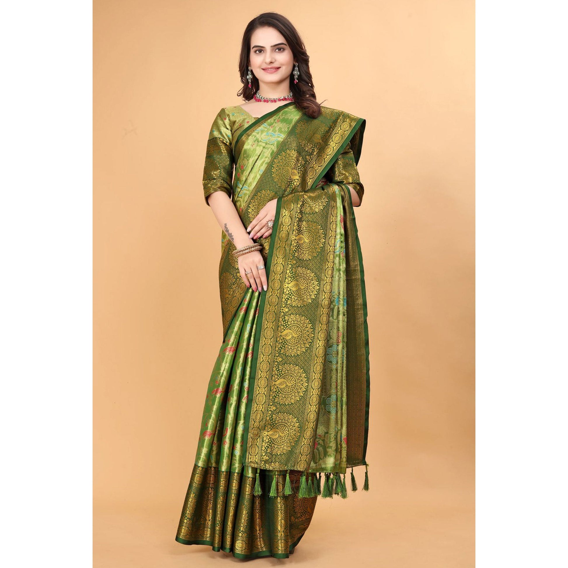 green-floral-woven-tissue-silk-saree-with-tassels