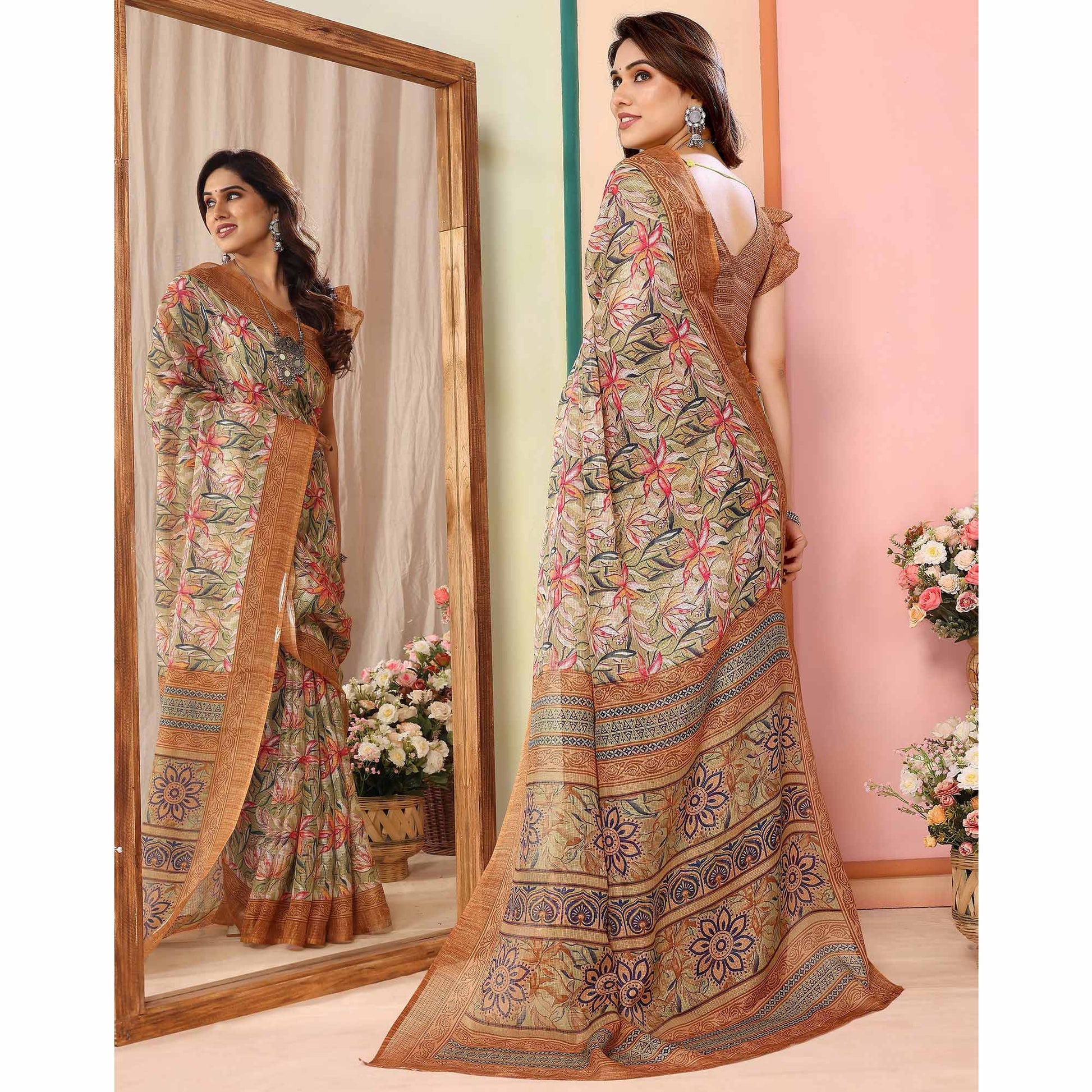 green-brown-floral-printed-kota-doria-saree