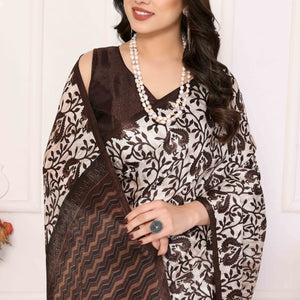 Brown Floral Printed Khaadi Saree